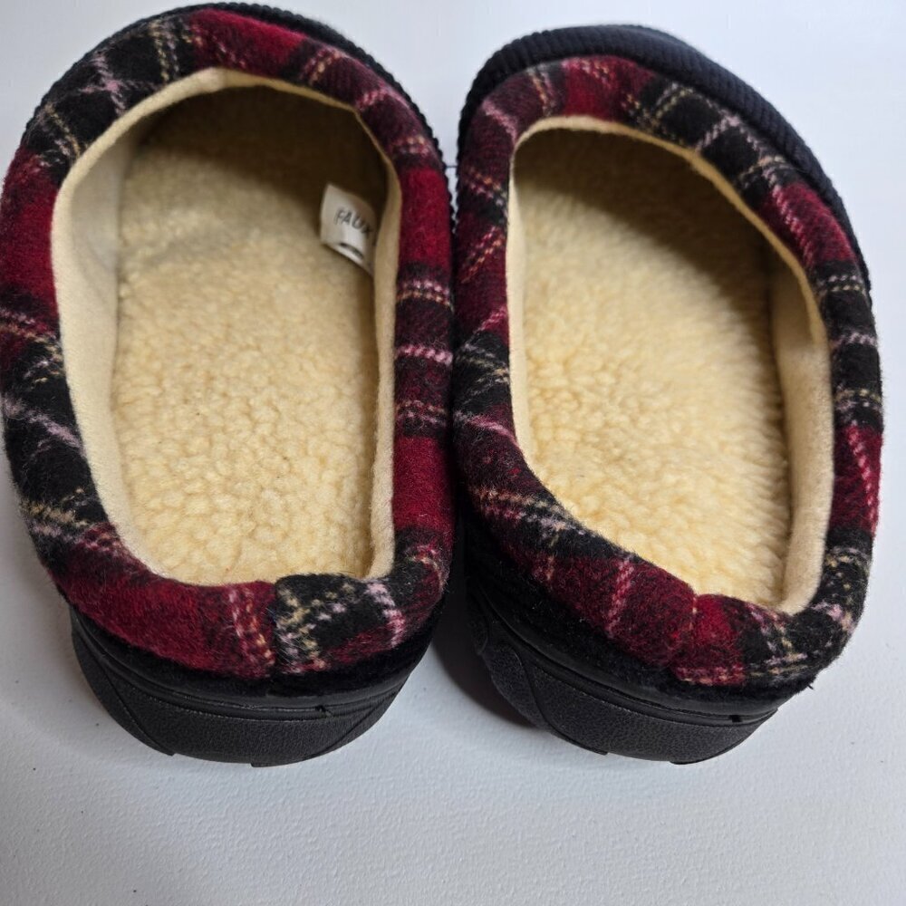 Totes Men's Black Corduroy Faux Fur Red Trim Memory Foam Slide Slippers Sz L - Picture 7 of 11